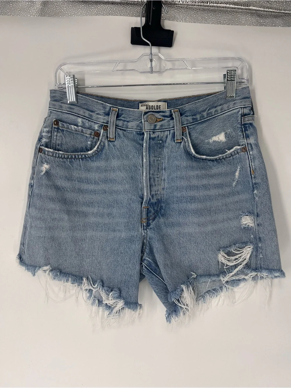 Agolde Parker Long Light Blue Distressed High Waist Cutoff Denim Shorts 26